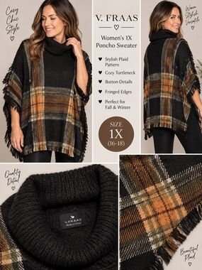 V. Fraas women's 1X black brown patterned poncho sweater #32
